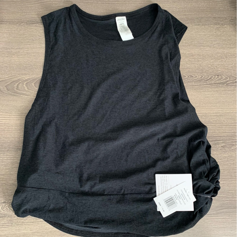 Beyond Yoga Featherweight Side Note Tank Top Darkest Night Gray M Twist UPF 20 - Picture 2 of 9